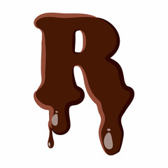 Letter R from latin alphabet with numbers and symbols made of dark melted chocolate