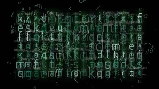 Абстракция, хаотично движущиеся буквы и слова, 4K, UHD