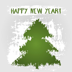 Grunge card Happy New Year! Abstract tree silhouette, text wish.