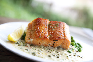 Grilled baked Salmon with potato and beans