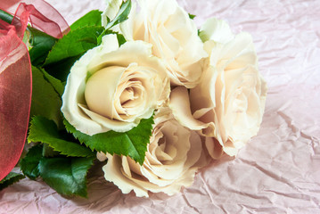 Tenderly pink roses on a pink textured paper background. Romantic mood. Copy space