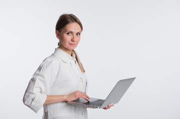 medical doctor woman smile hold tablet pc, using computer. nurse with stethoscope Isolated over white background
