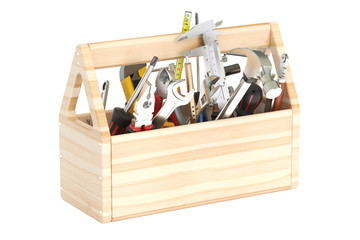 Wooden toolbox with tools, 3D rendering
