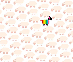 Gay black sheep with rainbow colored fur among white sheep flock.