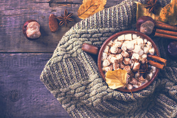 Hot cocoa with marshmallows with spices on the old wooden boards. Coffee, cocoa, cinnamon, nuts, star anise, cozy sweater.Autumn Still Life
