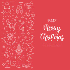 Christmas isolated concept, flyer, card with traditional attributes in line style with white hand lettering inscription. Handwritten modern brush lettering. Flat design from white linear icons. Vector