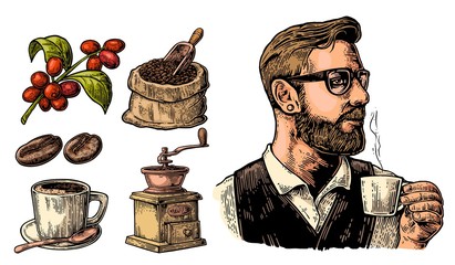Naklejka premium Hipster barista holding a cup of hot coffee Sack with coffee beans with wooden scoop and beans, cup, branch with leaf and berry.
