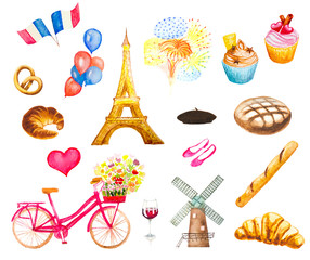 Fototapeta premium watercolor hand painted set on france, paris theme