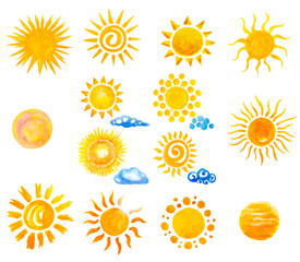 zestaw akwarela ręcznie malowane słońce i chmury - 119390721
