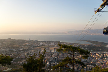 View of the cable car and izmir landscape  in teleferik mountain balcova