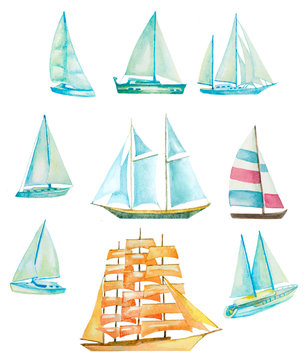 set of watercolor sailing boats, yachts, ships on white