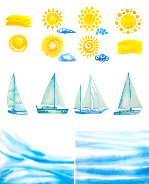 set of watercolor sun,clouds,yachts,abstract water waves