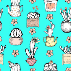 Seamless pattern with black and white cactus with flowers in pastel pink pot on blue background. Vector print with cactuses. Cute tile template, hand drawn