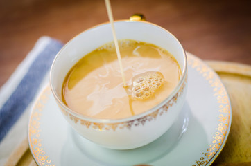 close up of hot coffee in ceramic mug