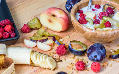 Fruit breakfast with muesli and milk