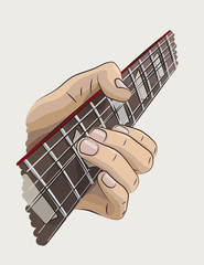 Playing guitar colored illustration. Left hand string bend.