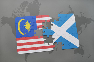 puzzle with the national flag of malaysia and scotland on a world map background.