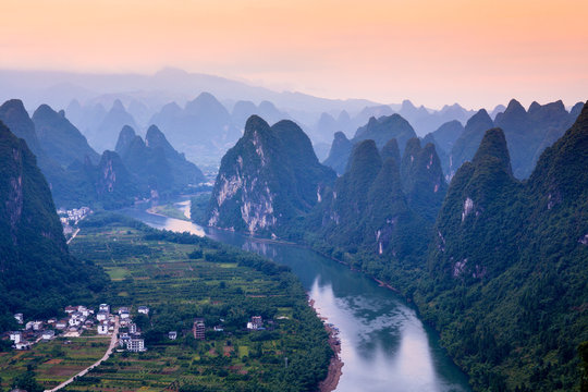 Xingping and the Li River at Sunrise from Xianggong Mountain, People's Republic of China