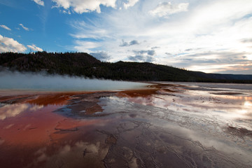 Grand Prismatic Spring at sunset in Yellowstone National Park in Wyoming United States