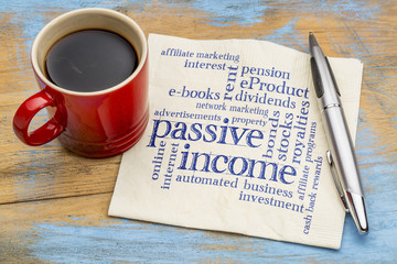 passive income word cloud on a napkin - obrazy, fototapety, plakaty