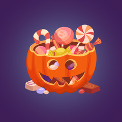 Fototapeta premium Happy Halloween, Pumpkin and sweets, Halloween postcard, Vector Illustration