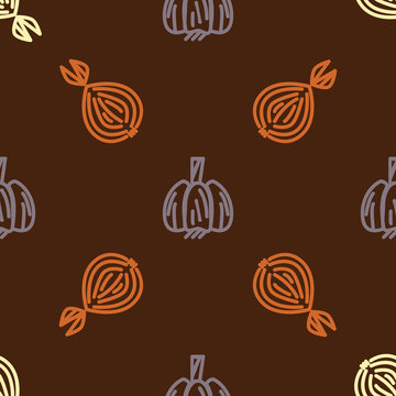 Assorted vegetable vector seamless pattern with gurlic and onion