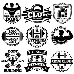 Vector Bodybuilding set of badges, labels with - strong man, barbell, dumbbell, laurel, goblet etc.