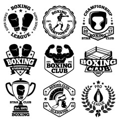 Vector Boxing labels set with - boxer, helmet, gladiator, goblet, laurel, ring,  gloves