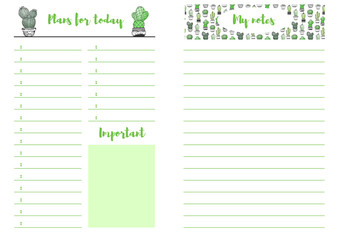Diary with succulent cactus. Plan your day. Write down the most important things to do today. Pages for your notes. Design for the datebook. EPS 10