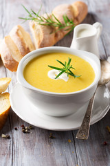 Vegetable cream soup in a white bowl