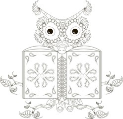 Stylized black and white reading owl, hand drawn, vector illustration