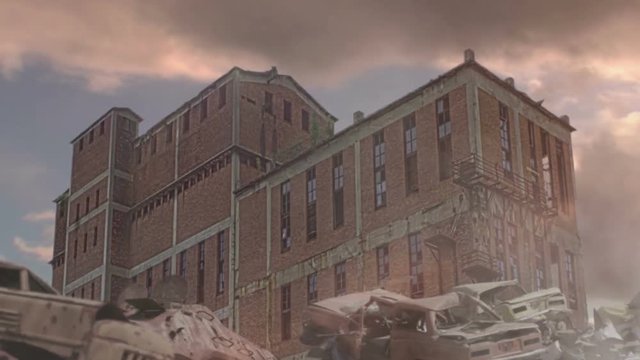 Old German plant, rusty armored vehicle and cars on the background of flying clouds.
