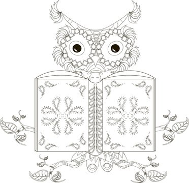 Stylized black and white reading owl, hand drawn, vector illustration