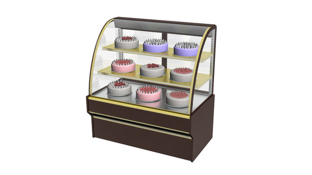 Cake display  refrigerator, fridge with desserts isolated on white background, 3D illustration