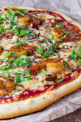 Seafood. Fast food. Homemade Shrimps prawns pizza with herbs