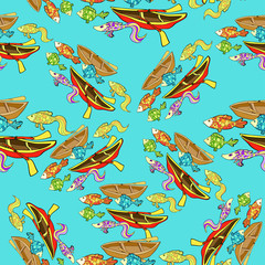 seamless pattern of boat, fishing cartoon on a blue background.