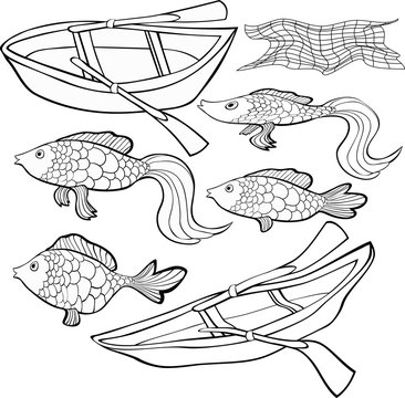 Set Coloring boat, fish net.  illustration