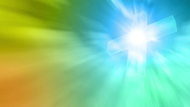 Worship concept, religious background. Religious cross at background of colourful rays light.