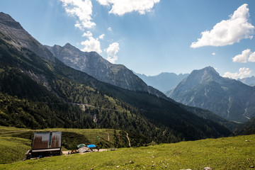 Plumsjoch on the hike to Ahornboden in mountains of Austria