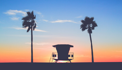 Vintage Beach Photo with Palm Trees at sunset