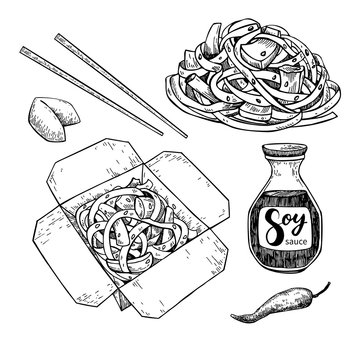 Wok vector drawing set. Isolated chinese box and chopsticks  wit