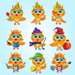 Vector set of cute owls. Cartoon characters of different professions.