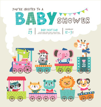 Baby shower invitation card with cute animals on train
