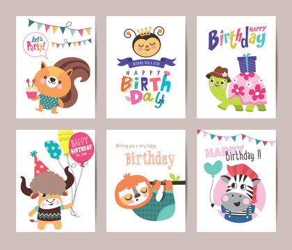 Set of birthday card with cute animals

