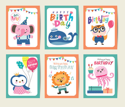 Set of birthday card with cute animals