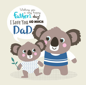 Father's day greeting card with little koala bear and father