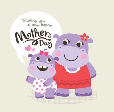 Mother's day greeting card with little hippo and mother