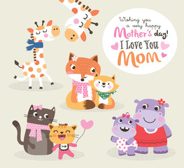 Mother's day greeting card. Vector illustration. Cute little giraffe, fox, cat and hippo with their mother.