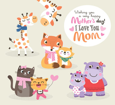 Mother's day greeting card. Vector illustration. Cute little giraffe, fox, cat and hippo with their mother.