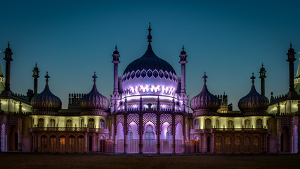The Royal Pavilion at night is an exotic palace in the centre of Brighton. Built in 1823 for King George IV, is built in the style of Indo-Saracenic Revival architecture common in India and China.